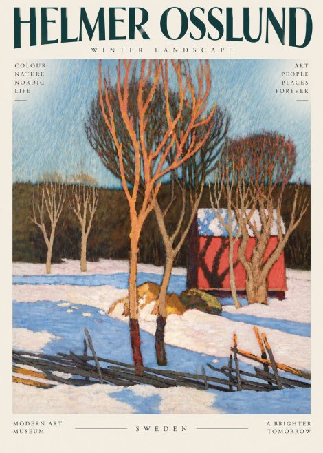 Helmer Osslund Winter Landscape with Red Barn No6 - Poszter
