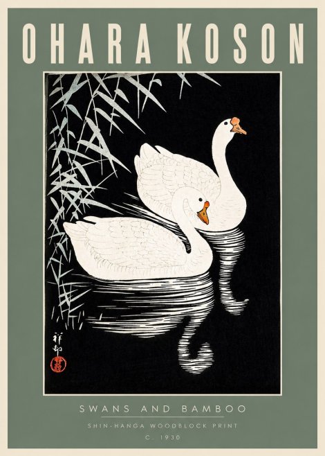 Ohara Koson Swans and Bamboo No2 - Poszter
