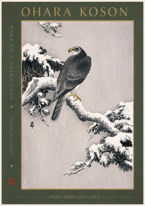 Ohara Koson Hawk on a Snowy Pine No6 - Poszter