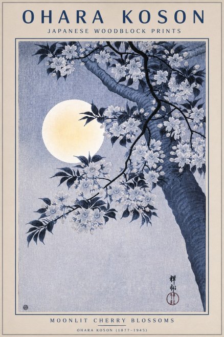 Ohara Koson Moonlit Cherry Blossoms No4 - Poszter