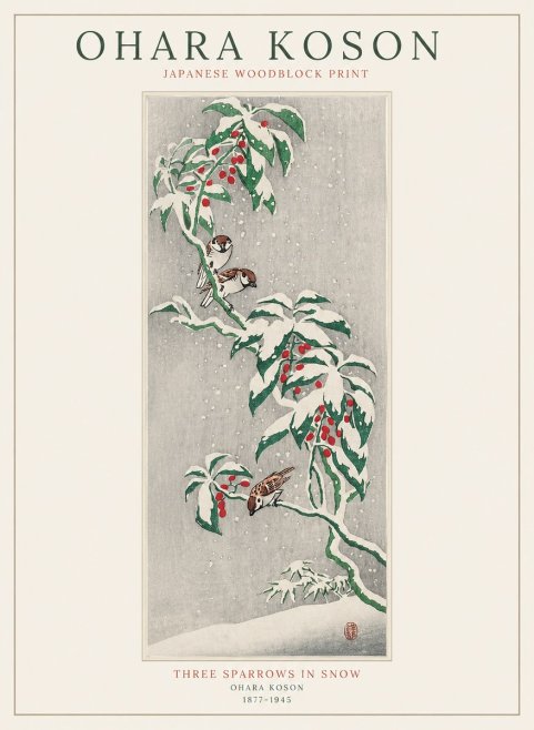Ohara Koson Three Sparrows in Snow No1 - Poszter