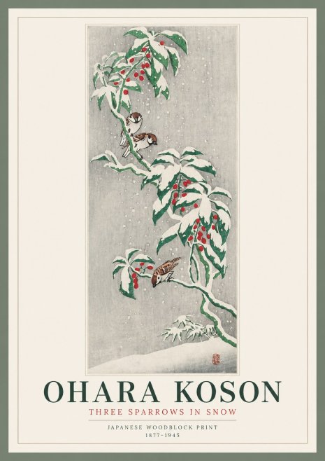 Ohara Koson Three Sparrows in Snow No2 - Poszter