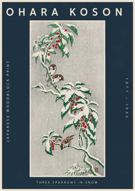 Ohara Koson Three Sparrows in Snow No4 - Poszter
