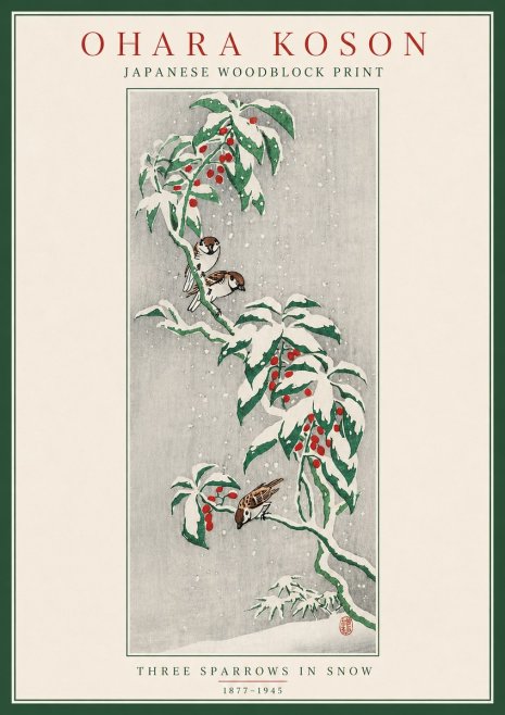 Ohara Koson Three Sparrows in Snow No5 - Poszter