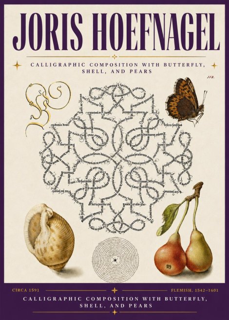 Joris Hoefnagel Calligraphic Composition with Butterfly, Shell, and Pears No6 - Poszter