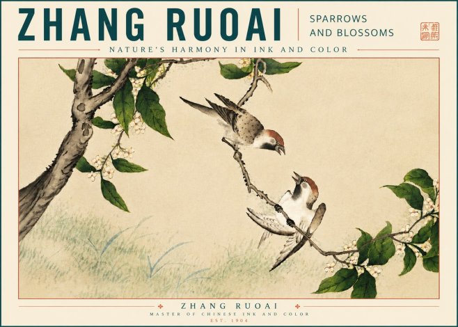 Zhang Ruoai Sparrows and Blossoms No5 - Poszter