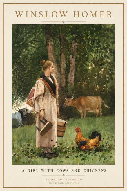 Winslow Homer A Girl with Cows and Chickens No4 - Poszter