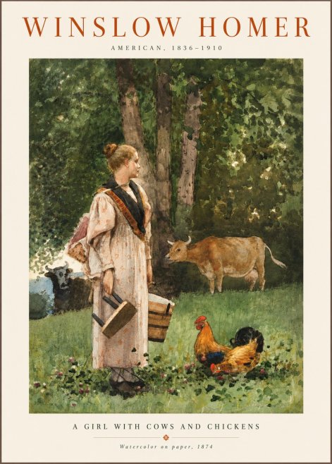 Winslow Homer A Girl with Cows and Chickens No6 - Poszter