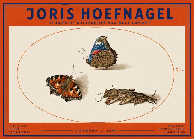 Joris Hoefnagel Studies of Butterflies and Mole Cricket No3 - Poszter