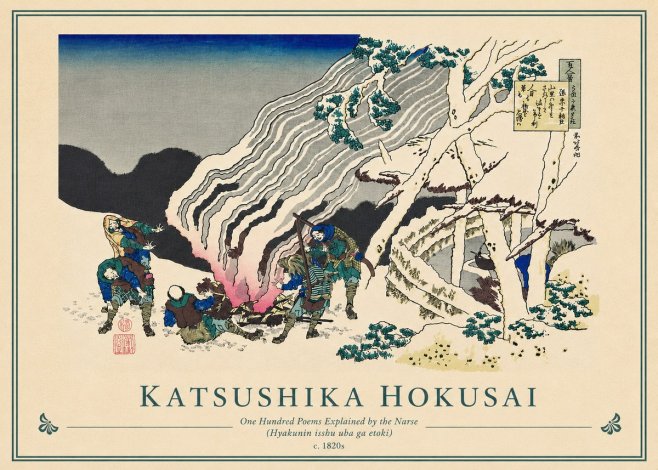 Katsushika Hokusai One Hundred Poems Explained by the Nurse (Hyakunin Isshu Uba Ga Etoki) No5 - Poszter