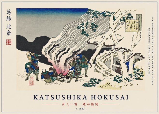 Katsushika Hokusai One Hundred Poems Explained by the Nurse (Hyakunin Isshu Uba Ga Etoki) No7 - Poszter