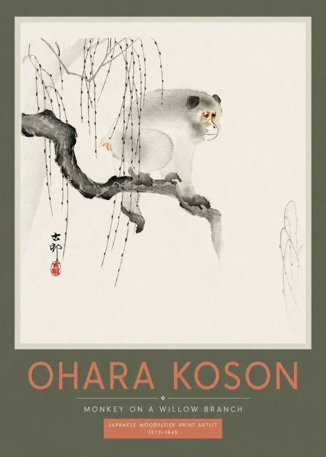 Ohara Koson Monkey on a Willow Branch No2 - Poszter