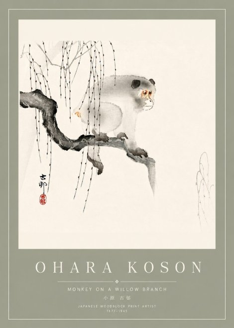 Ohara Koson Monkey on a Willow Branch No4 - Poszter