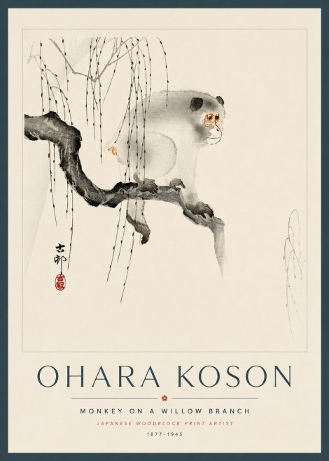 Ohara Koson Monkey on a Willow Branch No5 - Poszter