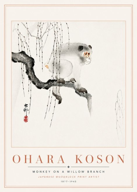 Ohara Koson Monkey on a Willow Branch No6 - Poszter