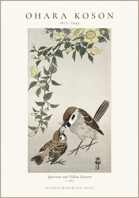 Ohara Koson Sparrows and Yellow Flowers No1 - Poszter