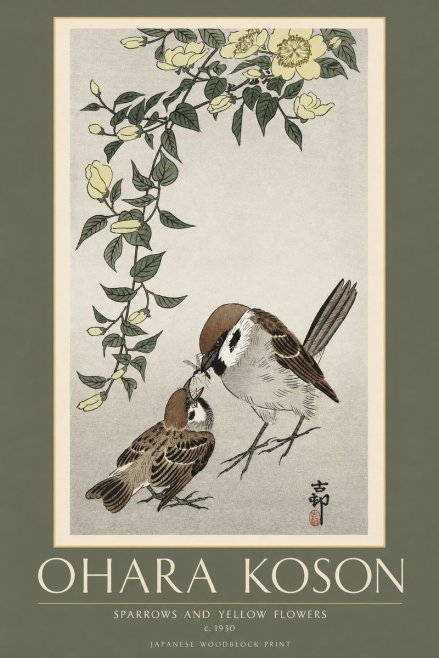 Ohara Koson Sparrows and Yellow Flowers No2 - Poszter