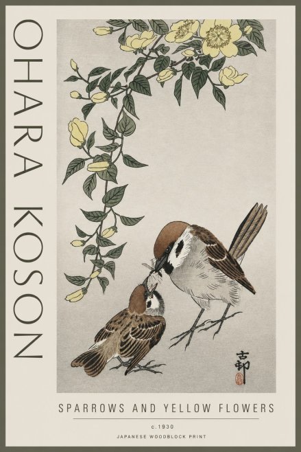 Ohara Koson Sparrows and Yellow Flowers No3 - Poszter