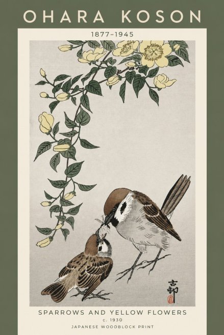 Ohara Koson Sparrows and Yellow Flowers No5 - Poszter