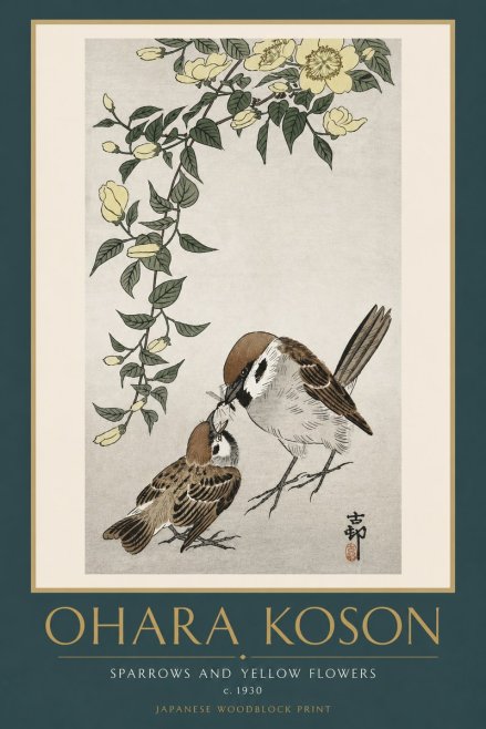 Ohara Koson Sparrows and Yellow Flowers No6 - Poszter