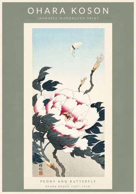 Ohara Koson Peony and Butterfly No3 - Poszter