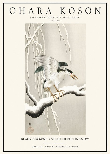 Ohara Koson Black-crowned Night Heron in Snow No1 - Poszter