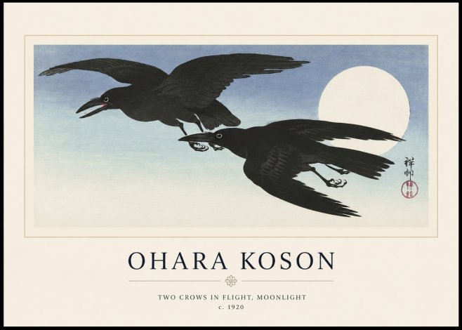 Ohara Koson Two Crows in Flight, Moonlight No1 - Poszter
