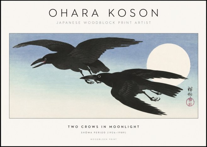 Ohara Koson Two Crows in Flight, Moonlight No2 - Poszter