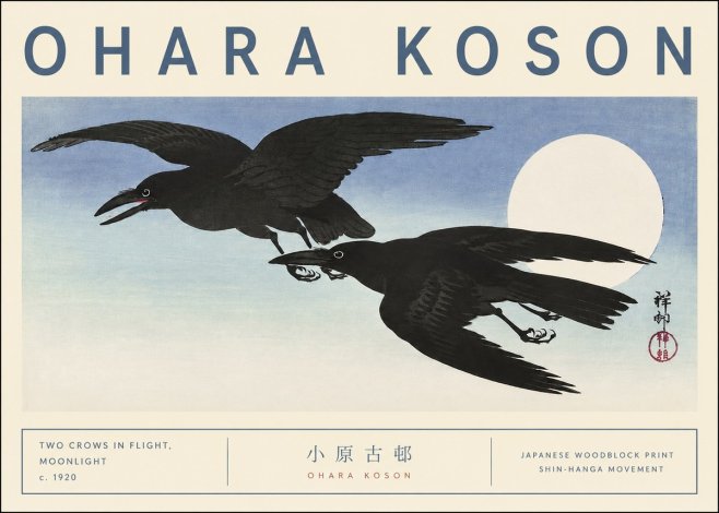 Ohara Koson Two Crows in Flight, Moonlight No3 - Poszter