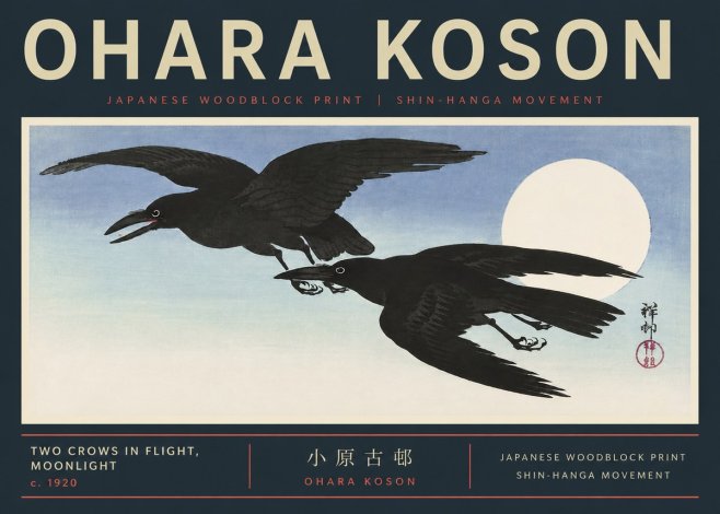 Ohara Koson Two Crows in Flight, Moonlight No6 - Poszter