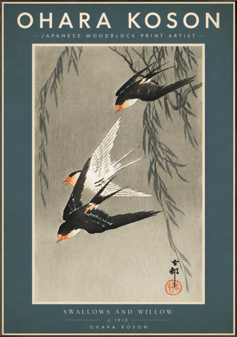 Ohara Koson Swallows and Willow II No2 - Poszter