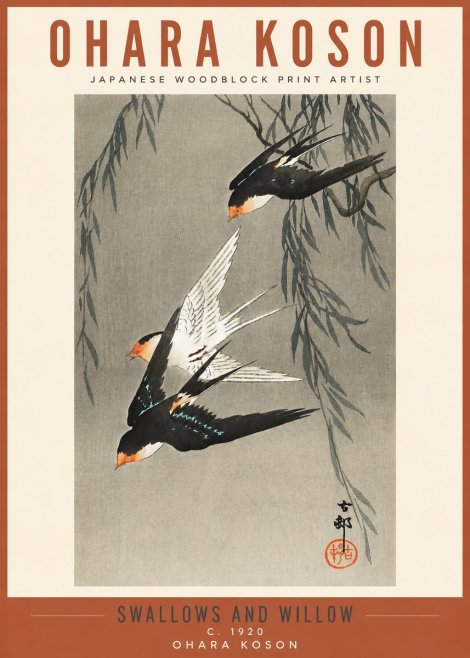 Ohara Koson Swallows and Willow II No3 - Poszter