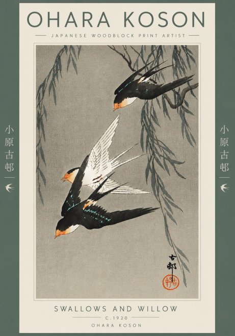 Ohara Koson Swallows and Willow II No5 - Poszter