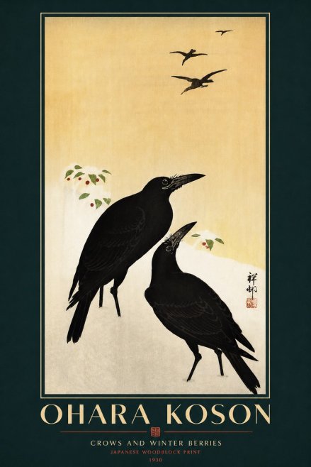 Ohara Koson Crows and Winter Berries No3 - Poszter