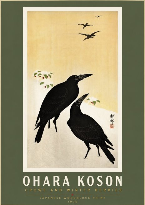 Ohara Koson Crows and Winter Berries No5 - Poszter