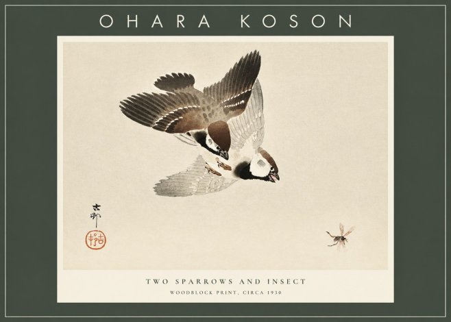 Ohara Koson Two Sparrows and Insect No2 - Poszter