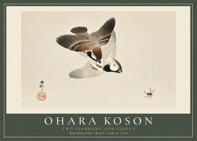 Ohara Koson Two Sparrows and Insect No4 - Poszter