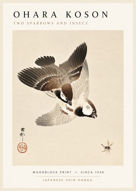 Ohara Koson Two Sparrows and Insect No5 - Poszter