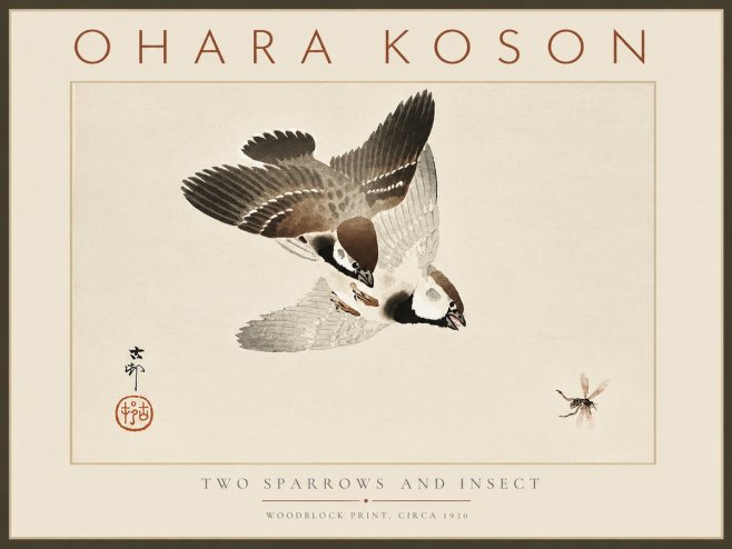 Ohara Koson Two Sparrows and Insect No6 - Poszter
