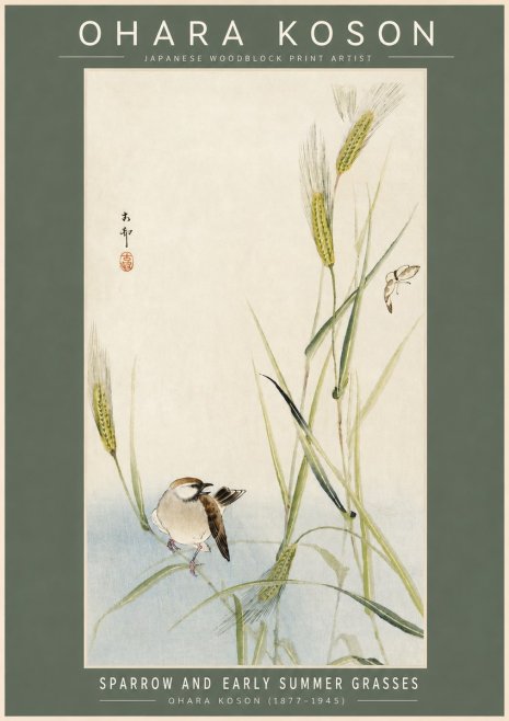 Ohara Koson Sparrow and Early Summer Grasses No2 - Poszter