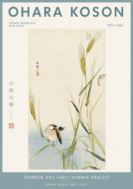 Ohara Koson Sparrow and Early Summer Grasses No4 - Poszter