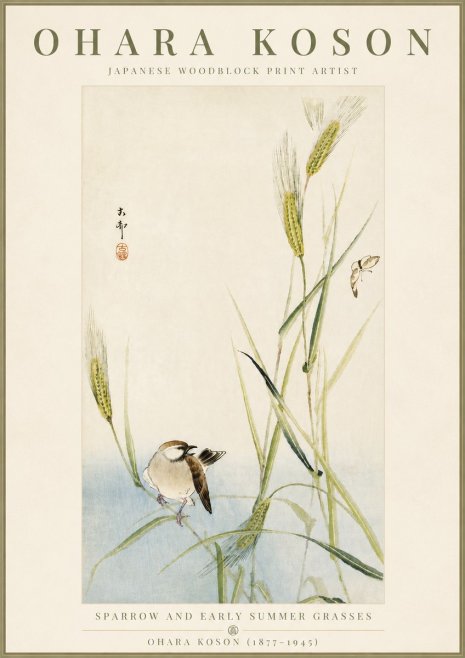 Ohara Koson Sparrow and Early Summer Grasses No5 - Poszter