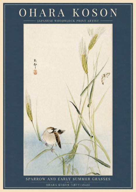Ohara Koson Sparrow and Early Summer Grasses No6 - Poszter