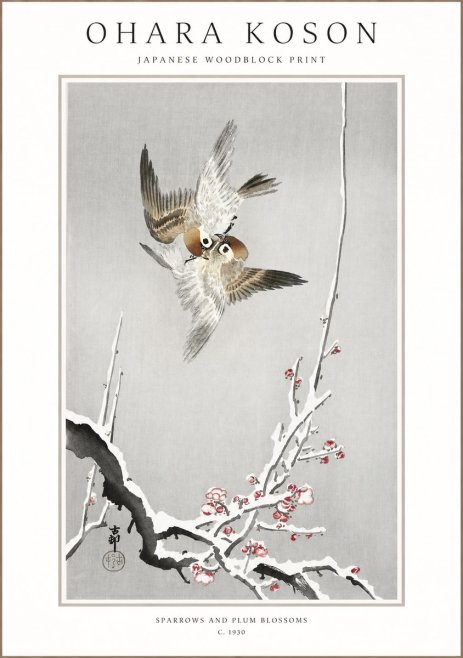 Ohara Koson Sparrows and Plum Blossoms No1 - Poszter