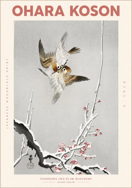 Ohara Koson Sparrows and Plum Blossoms No2 - Poszter