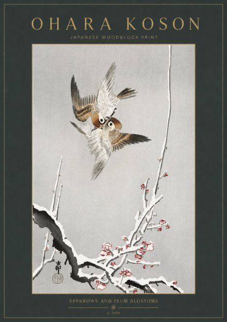 Ohara Koson Sparrows and Plum Blossoms No3 - Poszter