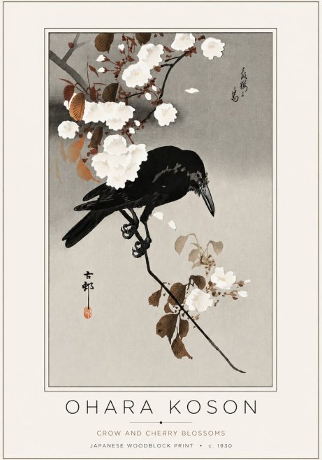 Ohara Koson Crow and Cherry Blossoms No4 - Poszter