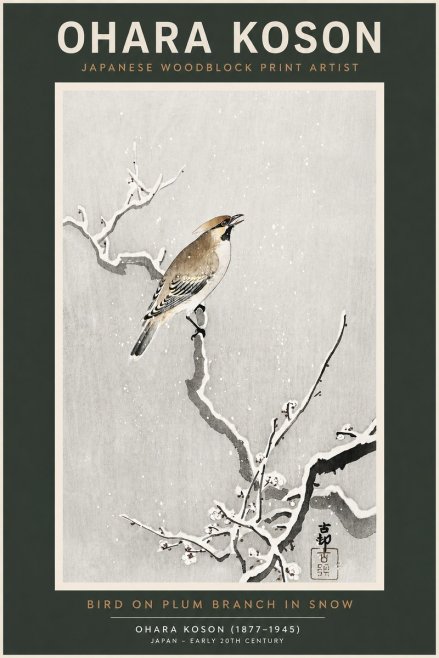 Ohara Koson Bird on Plum Branch in Snow No2 - Poszter