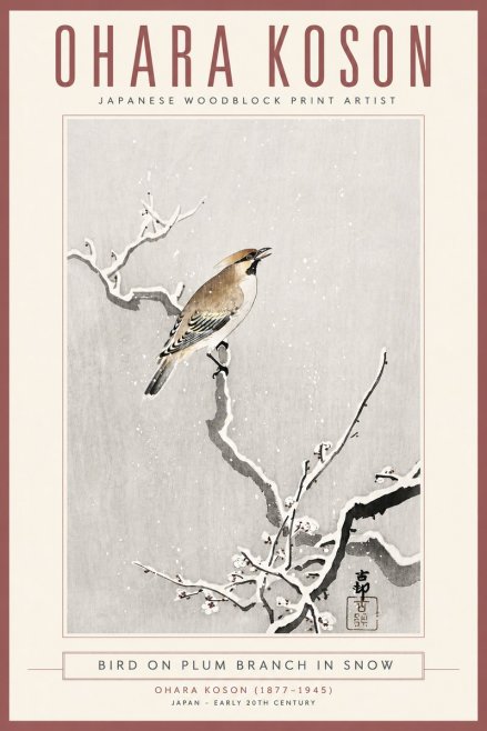 Ohara Koson Bird on Plum Branch in Snow No4 - Poszter