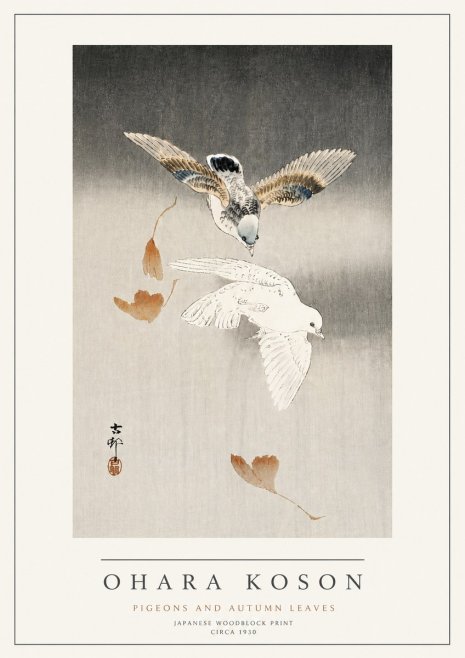 Ohara Koson Pigeons and Autumn Leaves No4 - Poszter